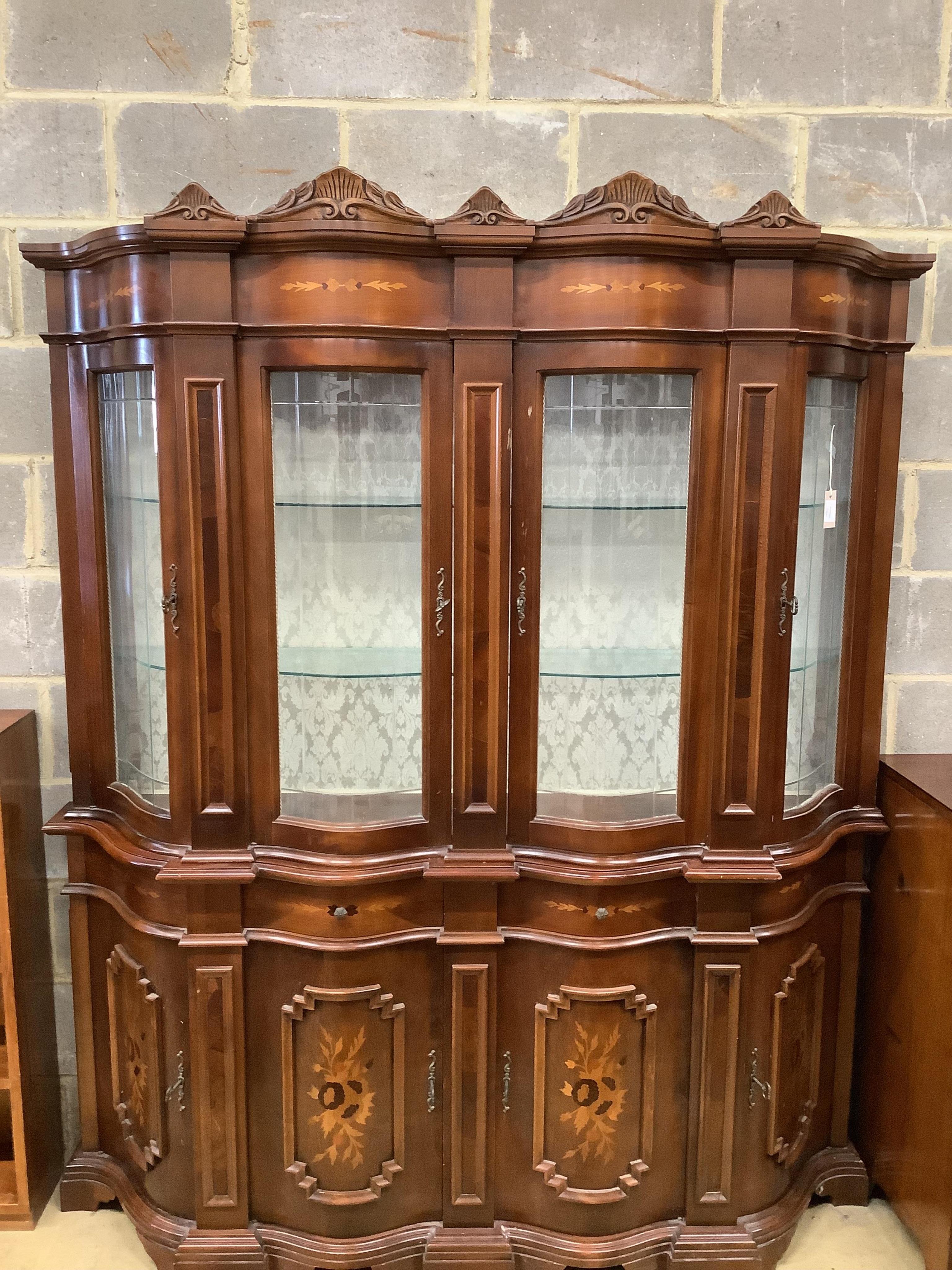A reproduction marquetry inlaid mahogany baroque style display cabinet, width 173cm, depth 41cm, height 199cm